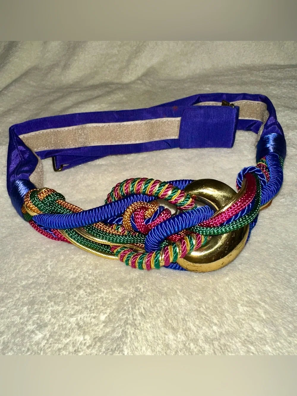 Vintage 80s Braided Rope Belt Royal Blue Gold Adjustable Waist Cinch Belt